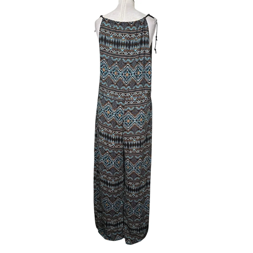 Timing Blue Brown Printed Shoulder Ties Sleeveless Jumpsuit L - Picture 5 of 9